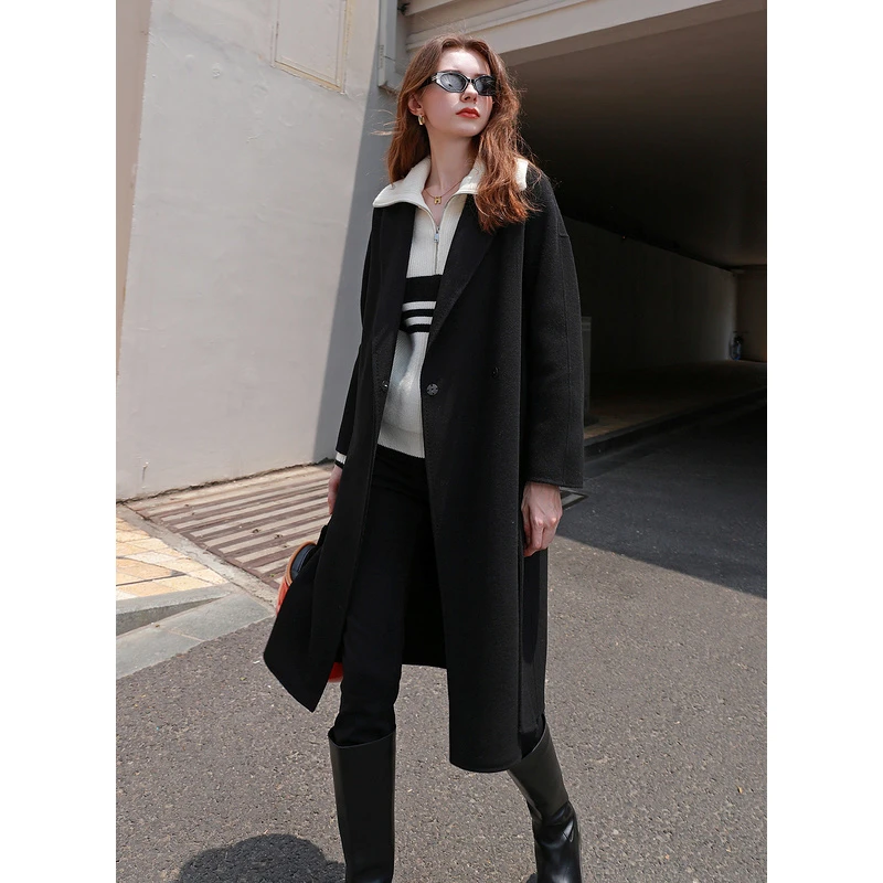 三彩2024全羊毛西装领双面呢女装宽松毛呢大衣慵懒感收腰外套
