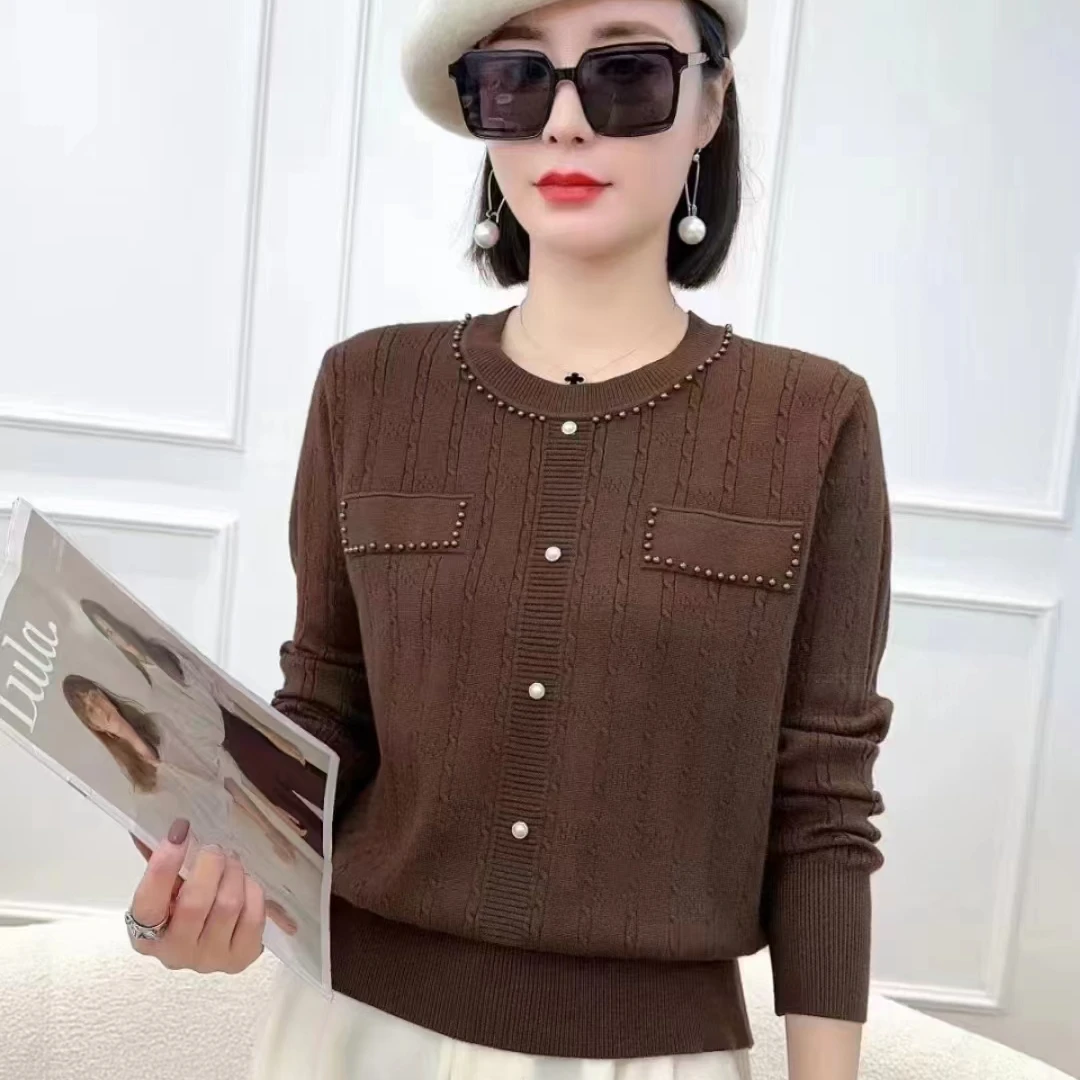 B274小香风长袖针织假开衫女珍珠麻花毛衣洋气时尚复古外搭毛衫