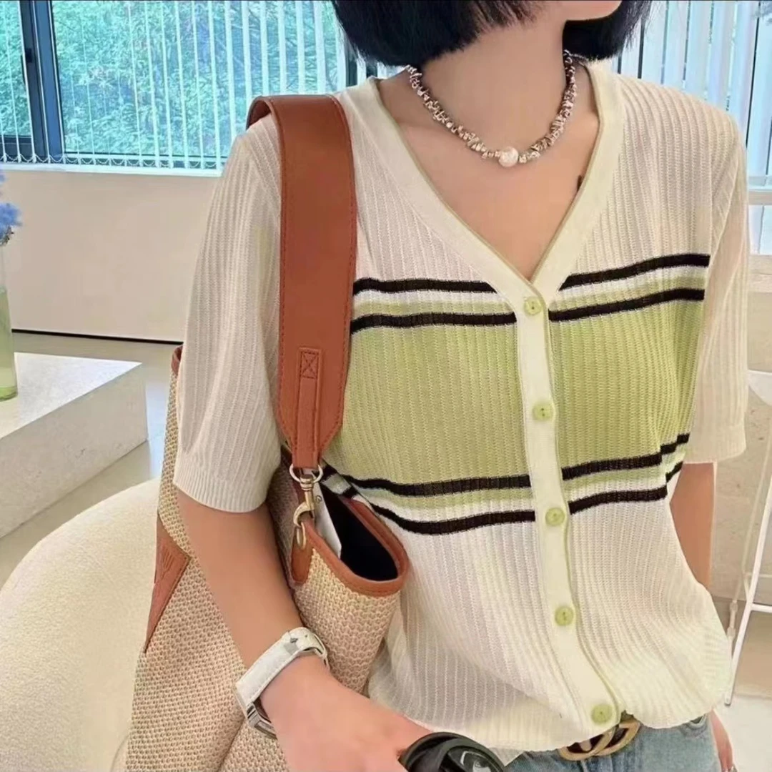106宽窄三色条纹拼色坑条V领开衫夏季新款薄款宽松韩版针织T恤衫
