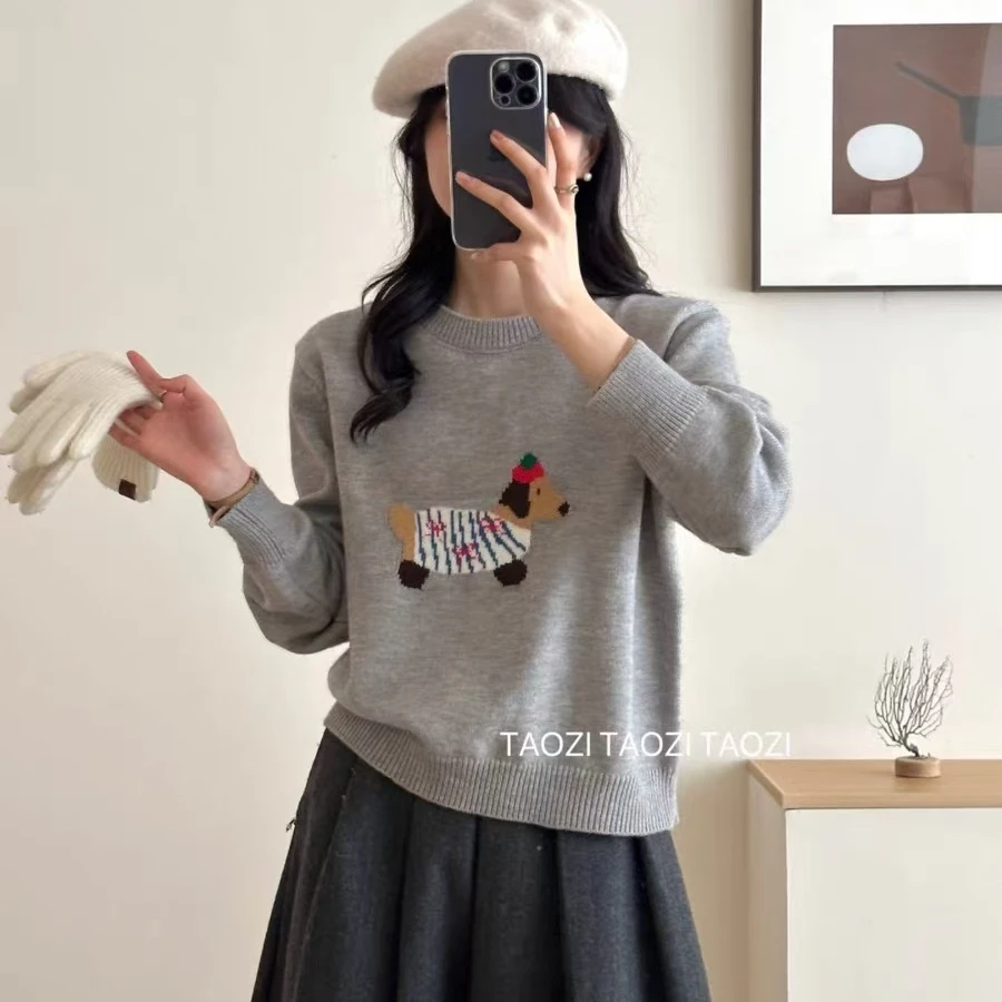 韩系卡通小狗刺绣圆领毛衣针织衫女秋季新款宽松显瘦减龄上衣