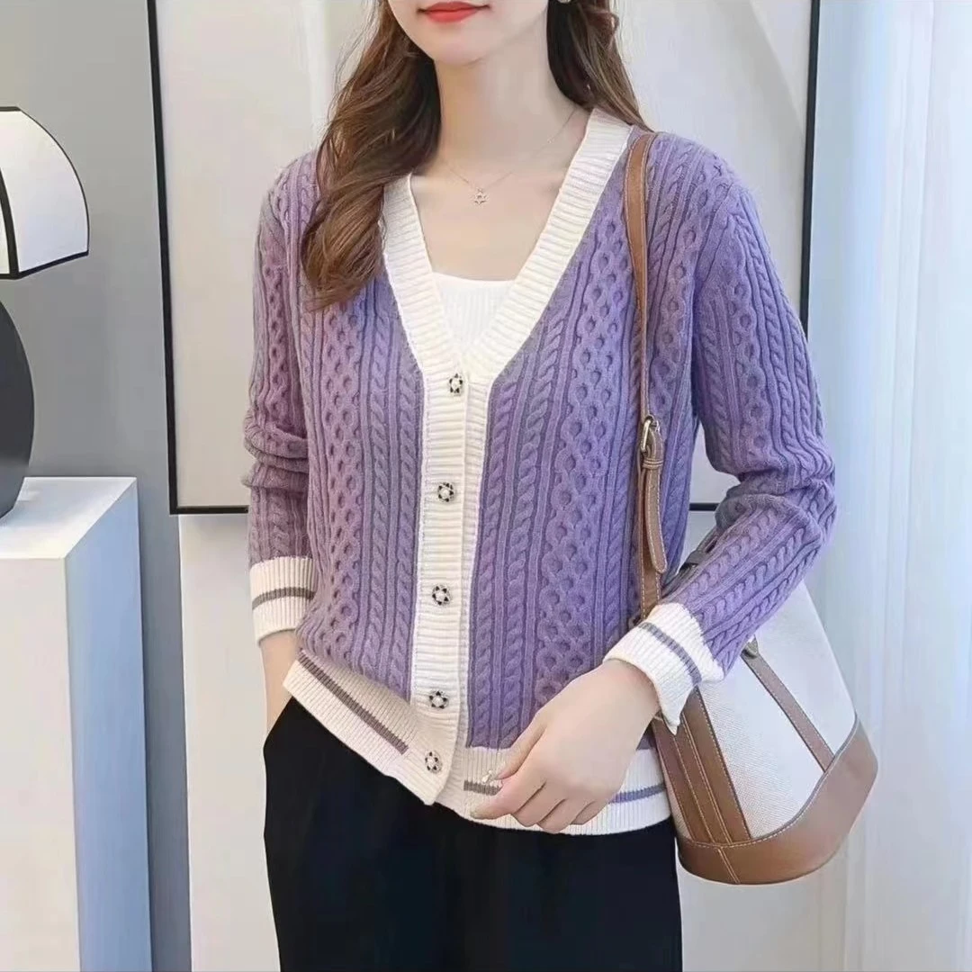 048【麻花开衫-紫色】秋冬新款女士重工毛衣外套女开衫外套