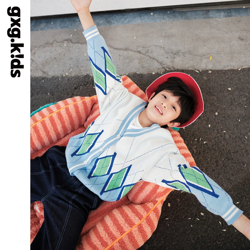 gxgkids童装儿童开襟毛衫外套学院风菱格外套KED13002443
