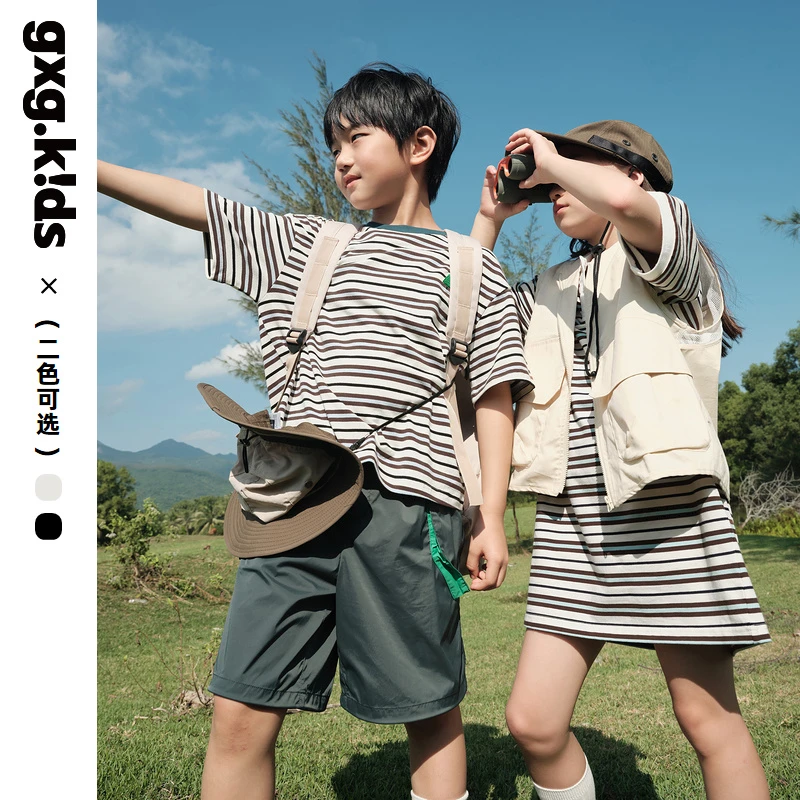 gxgkids童装男女童山系风条纹上衣条纹短袖T恤