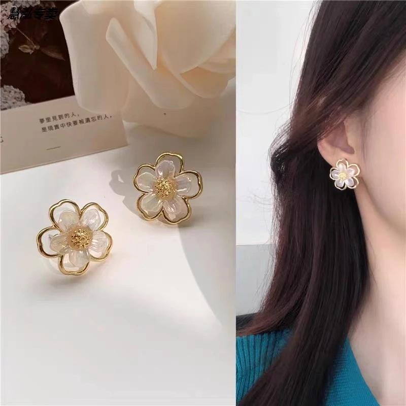 铜合金耳饰 『彩虹』花朵耳钉气质双层花朵耳环甜美森系耳饰E129