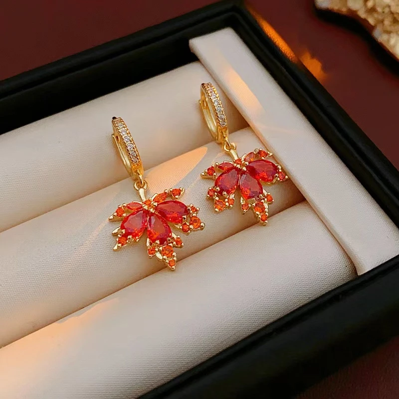 铜合金铅玻璃耳饰 气质轻奢时尚百搭复古红色小众精致耳环E1176