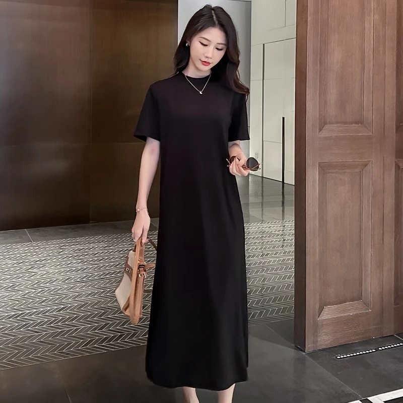 夏2025新款黑色连衣裙女宽松垂感圆领裙气质显瘦长裙长款小黑裙