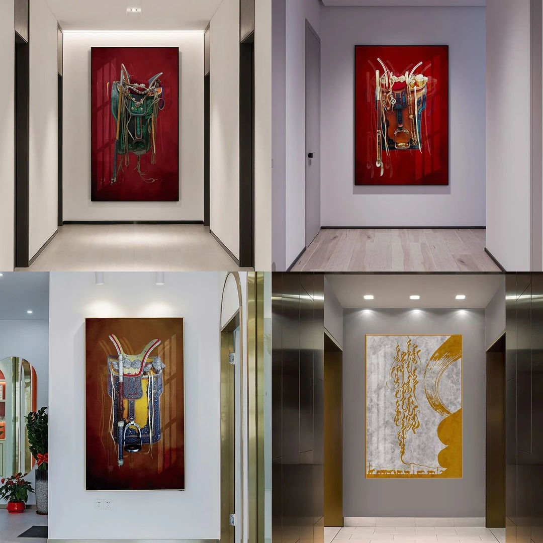 蒙古风格玄关走廊挂画吉祥马鞍墙面装饰画民族风铝合金装裱装饰
