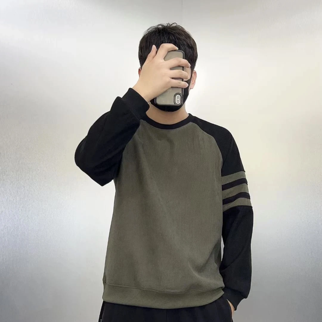 秋季加绒新款撞色百搭拼接休闲圆领时尚拼色宽松套头卫衣卫衣男