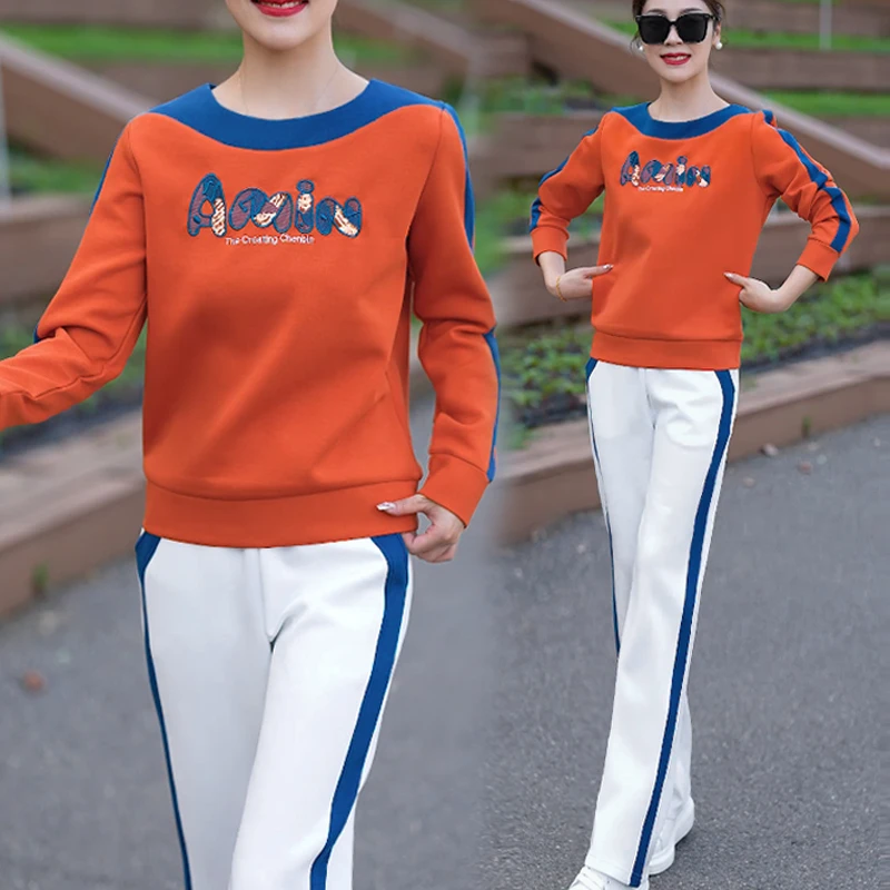 9851专柜正品韩依棉秋冬拼接撞色圆领珠片刺绣女休闲百搭卫衣套装