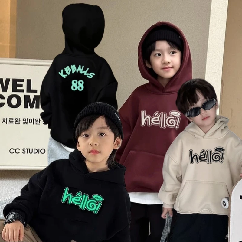 冬季羊羔绒男女童时尚加绒洋气潮流卫衣儿童连帽冬款男童宽松