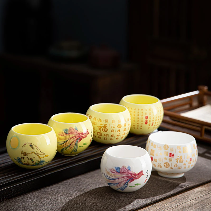 MENGFYUN/萌韵羊脂玉瓷百福陶瓷大号龙蛋杯功夫茶具宝石黄品茗杯