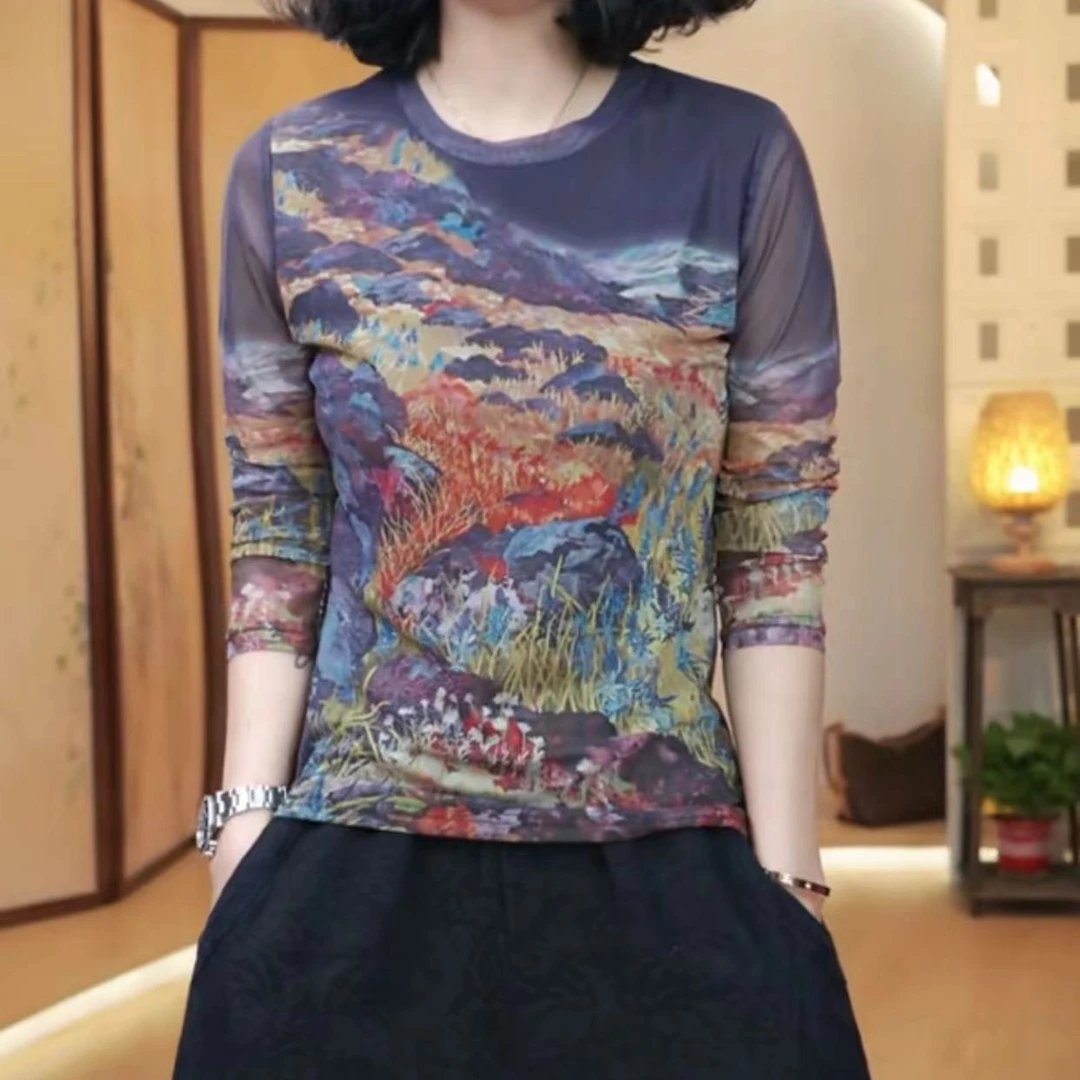 艺术生油画圆领网纱长袖上衣-9