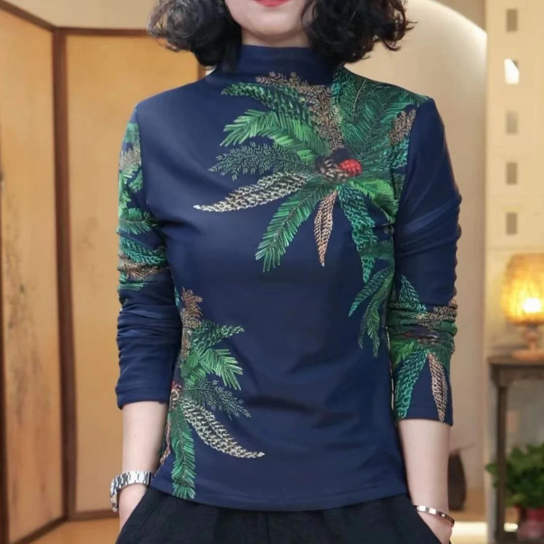加绒高领蓝底椰子树小衫
