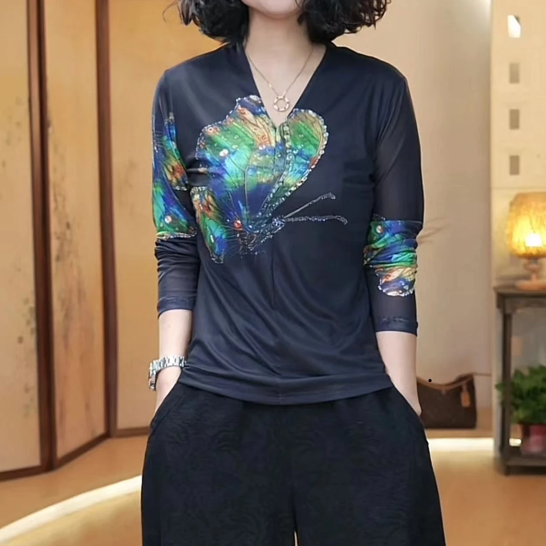 蓝绿色蝴蝶V领网纱小衫-X