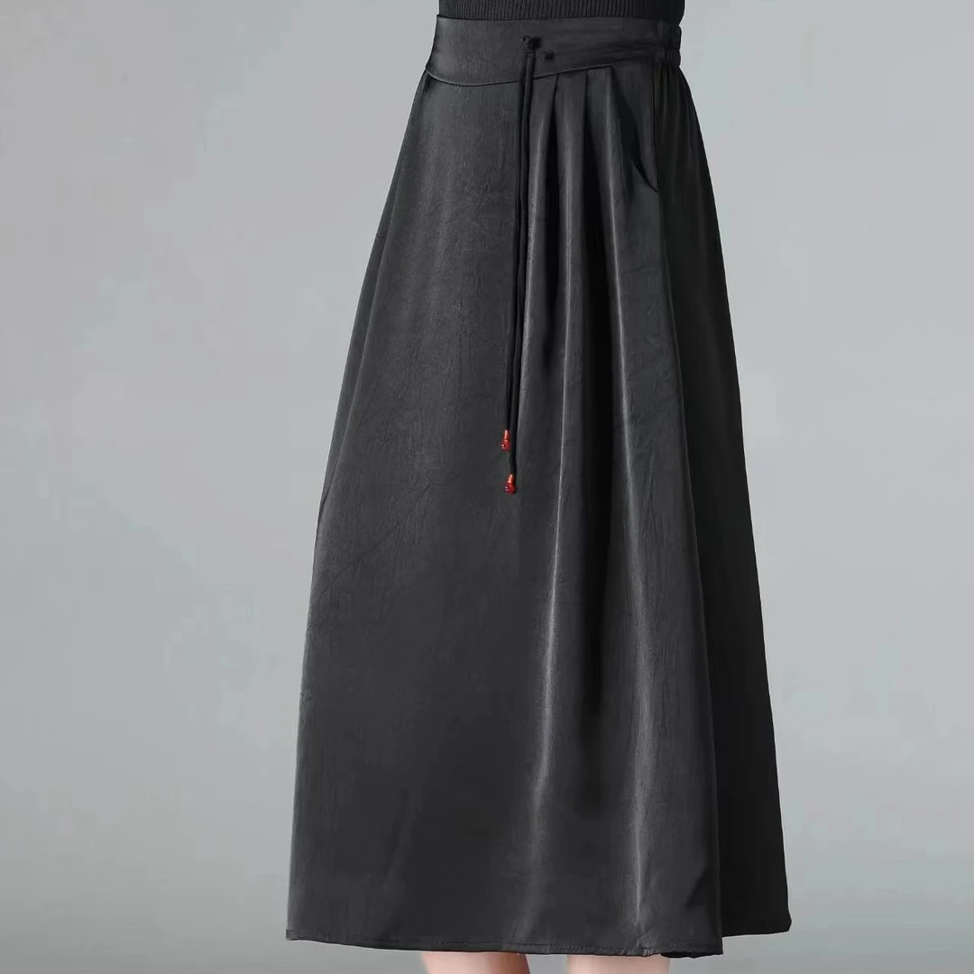 黑色中高腰流苏半身裙大摆A字百搭时尚中长款裙子长裙秋冬半裙