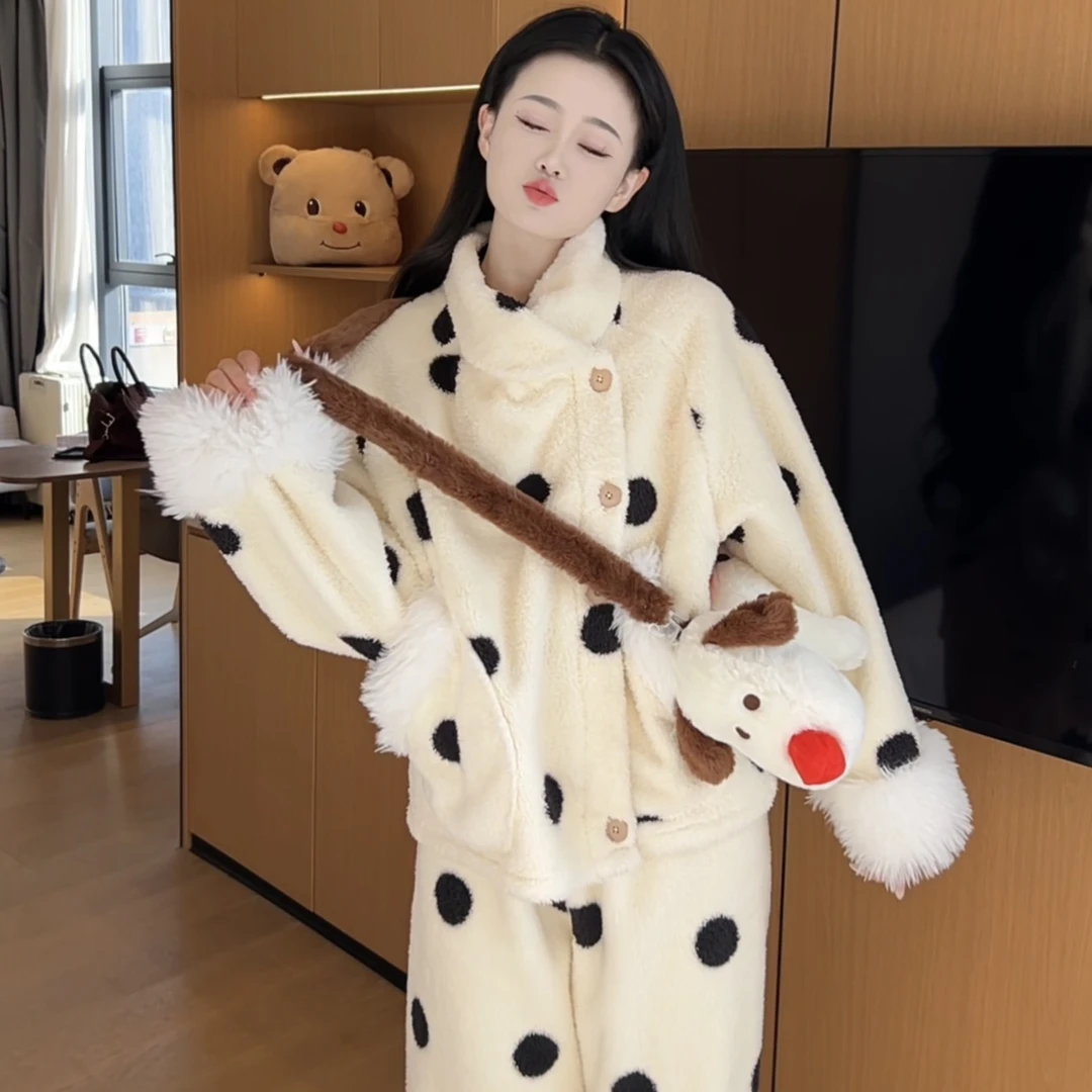 （黑糖珍珠）冬季气质加厚保暖毛绒绒休闲显瘦睡衣女长袖外穿可爱