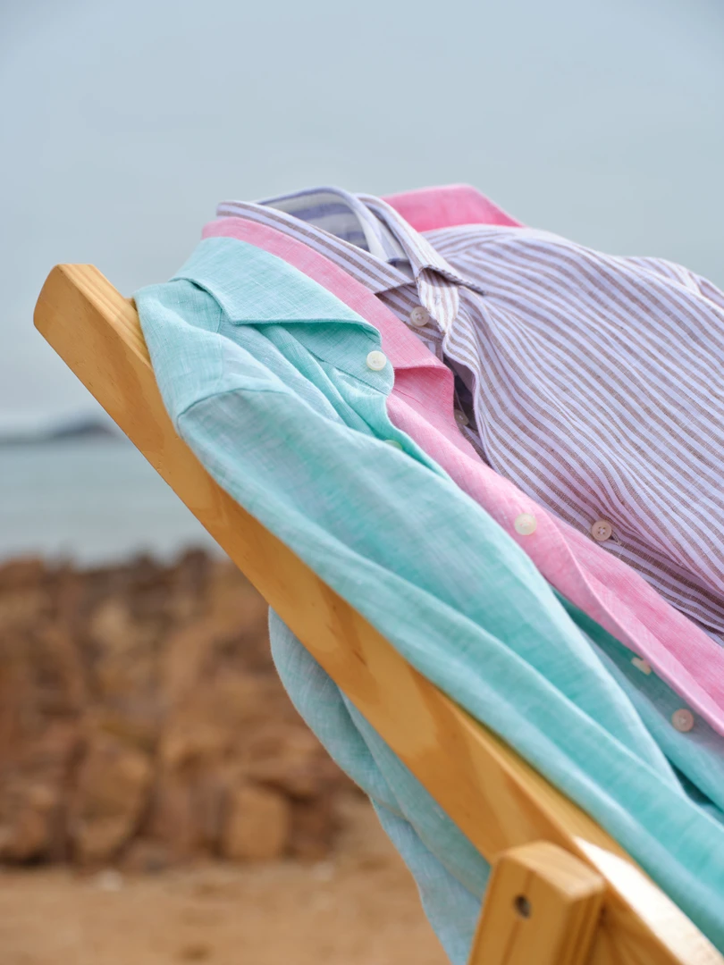 纳泊勒Nappole卡其色条纹剪裁修身单层袖口热封纽扣休闲水洗衬衫