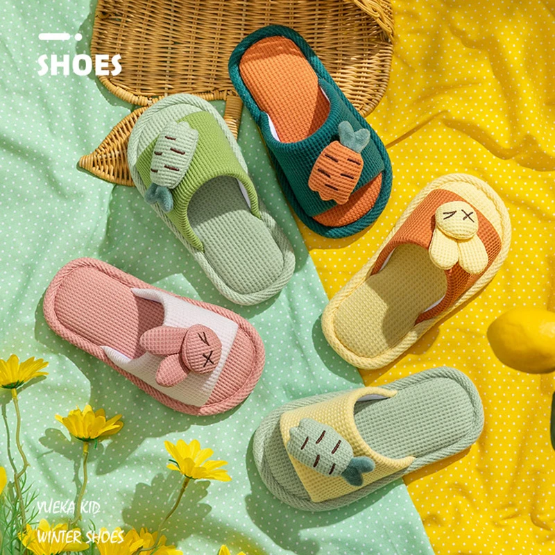 新款儿童亚麻拖鞋女夏季居家情侣卡通亲子四季通用室内拖鞋防滑男