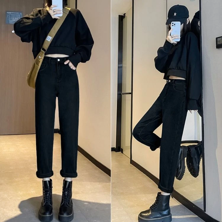 【小个子专属】加绒高腰弹力老爹哈伦宽松牛仔女秋冬显瘦九分萝卜裤
