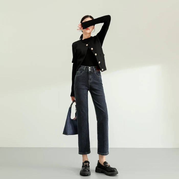 小个子新款双排扣高腰显高显瘦休闲遮胯烟管直筒九分牛仔法式裤