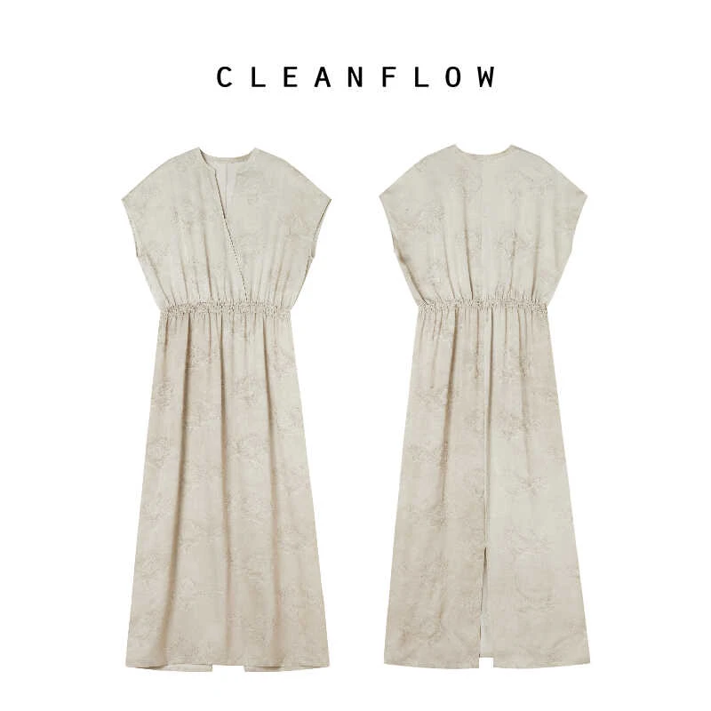 CLEANFLOW | 脏粉炒色松鸟提花桑波缎交领立领松紧收腰连衣裙