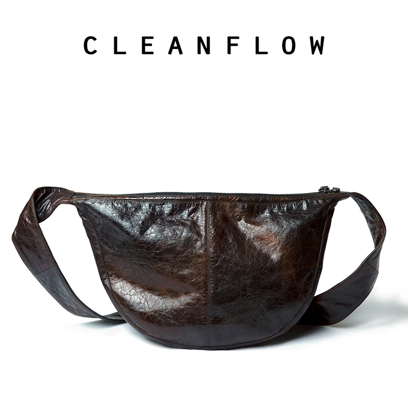 CLEANFLOW | 玳瑁色龟裂纹油蜡头层牛皮双子马蹄手提斜挎包小众新