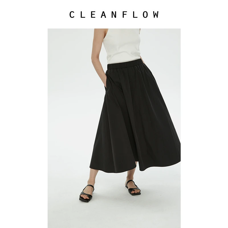 CLEANFLOW | 黑色水洗尼龙混纺棉轻薄中长伞裙半身裙