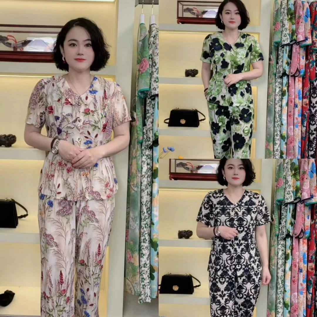 2024夏季新款时尚格子减龄娃娃领短袖显瘦洋气中老年两件套妈妈装