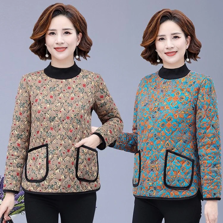 冬季时尚碎花套头棉衣加绒加厚保暖中老年洋气妈妈装可打底可外穿