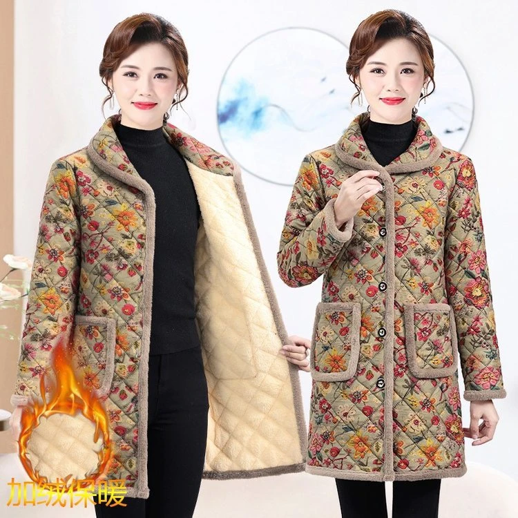 冬季新款加绒加厚时尚印花翻领棉衣外套妈妈装保暖棉服