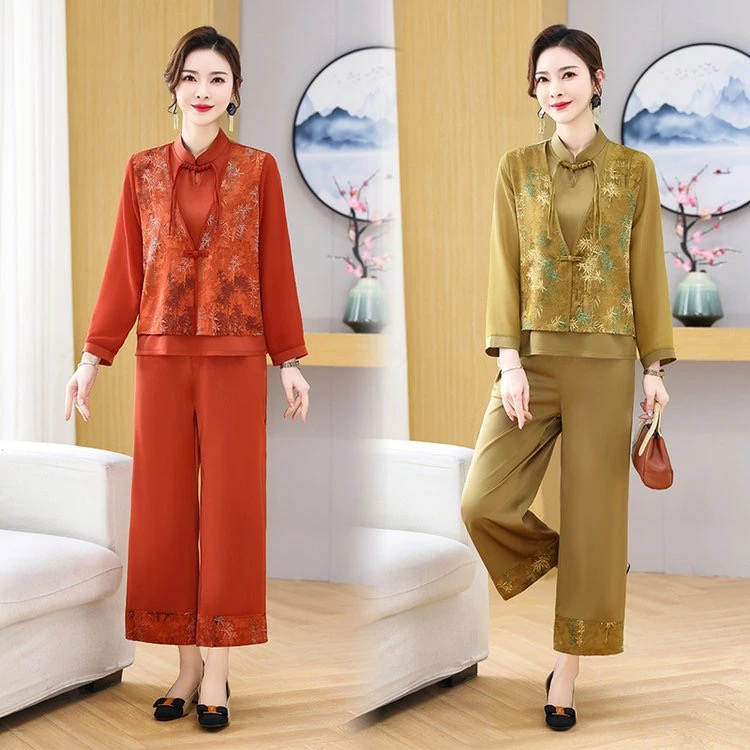 新款长袖复古流苏气质显瘦两件套 中式高贵妈妈套装