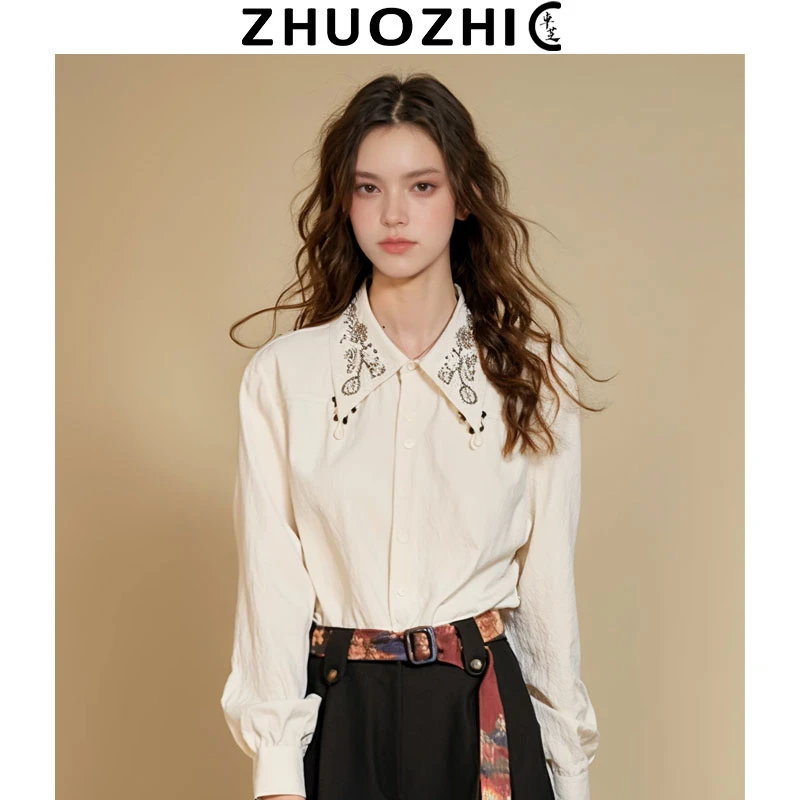 [卓芝]法式设计感翻领绣花衬衫女装2025秋季新款宽松显瘦百搭上衣