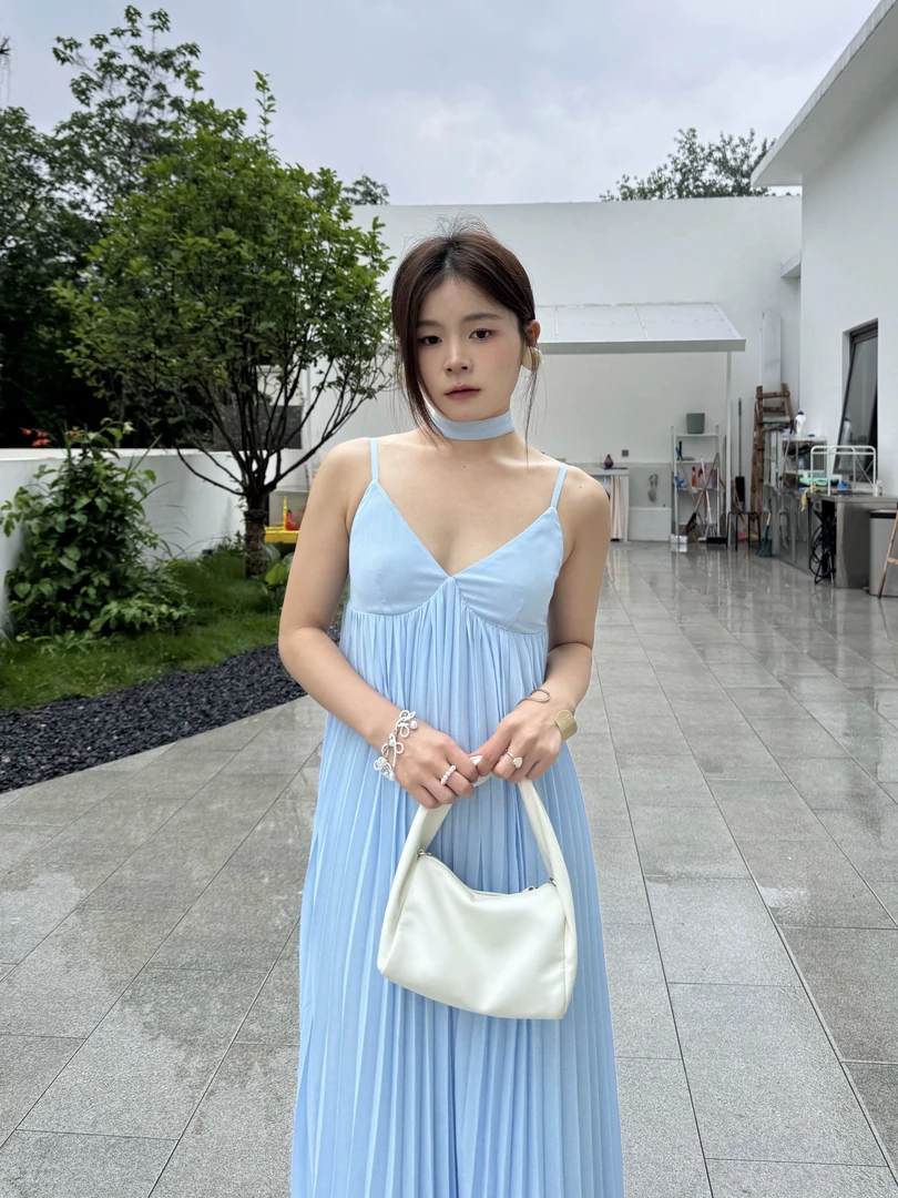 大美自制小个子原创款蓝仙子吊带百褶裙 小众度假慵懒感长裙女夏