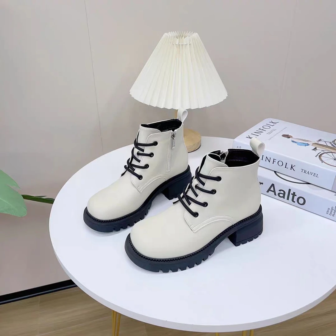 门店318!粗跟短筒靴2023秋冬女款侧拉链防滑马丁靴x3382