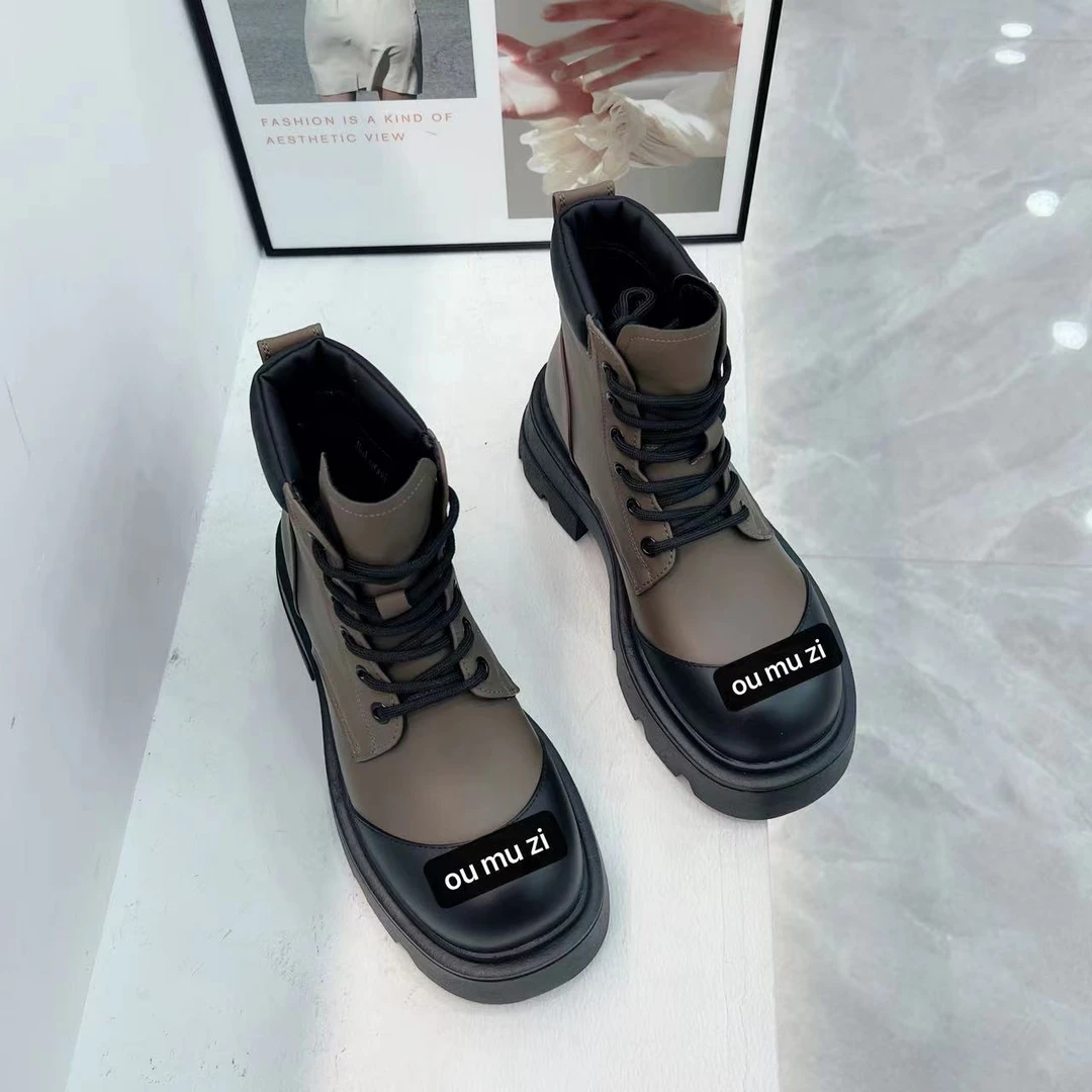 门店329！新款女鞋百搭加绒简约舒适系带英伦马丁靴3057A