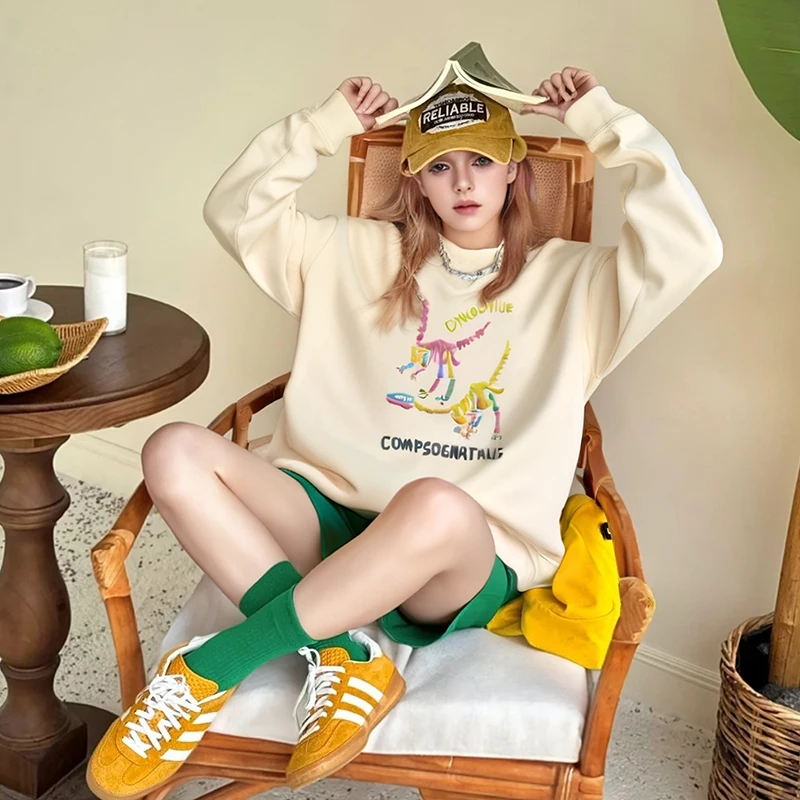 学生党卫衣女2025早春情侣装卡通印花加厚360g宽松圆领ins慵懒风