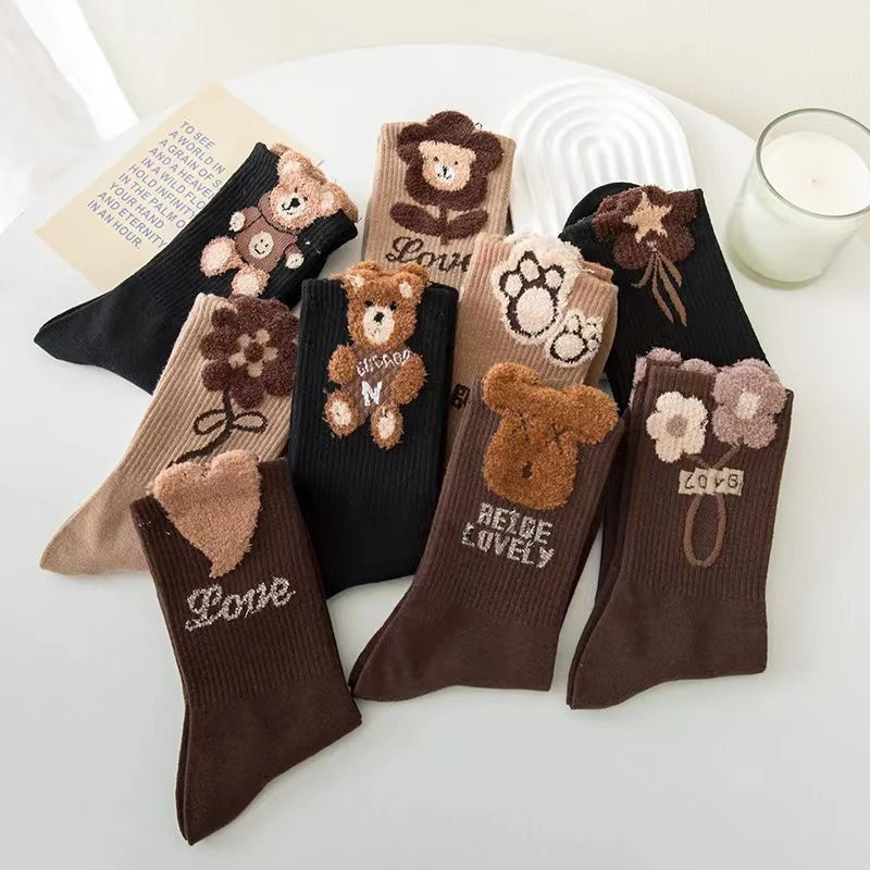 袜子筒袜女袜女秋冬季中筒羽毛纱堆堆袜ins小熊百搭网红超火新款