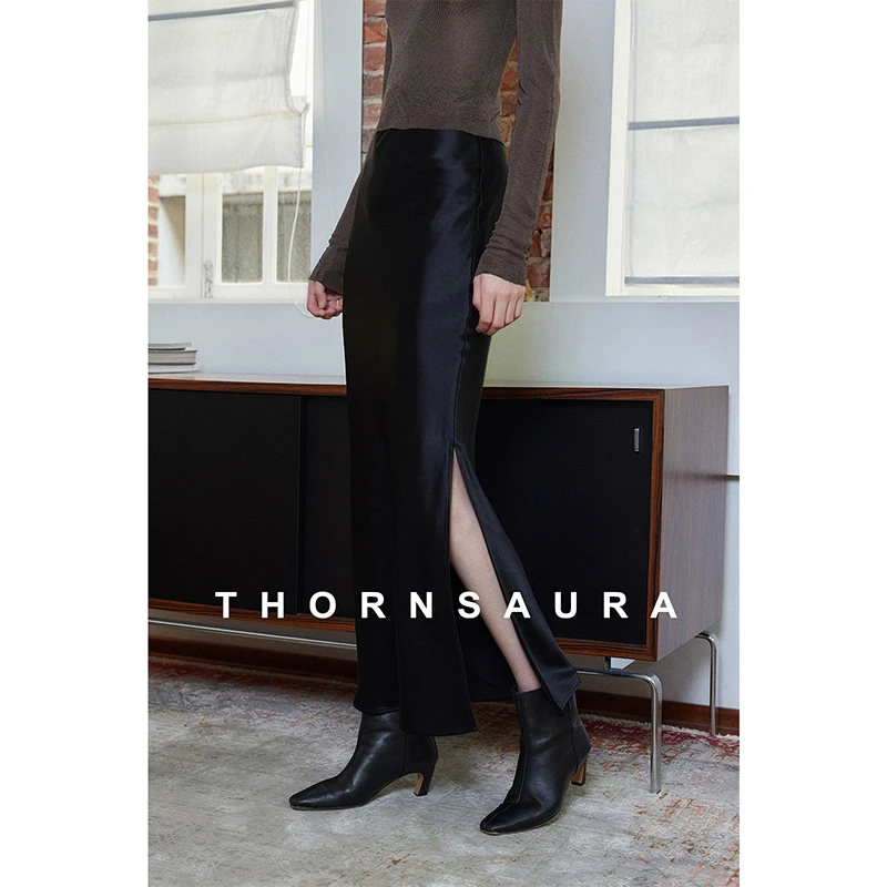 棘光THORNSAURA 高阶醋酸半身裙女中长款开衩包臀裙显瘦-T23B369