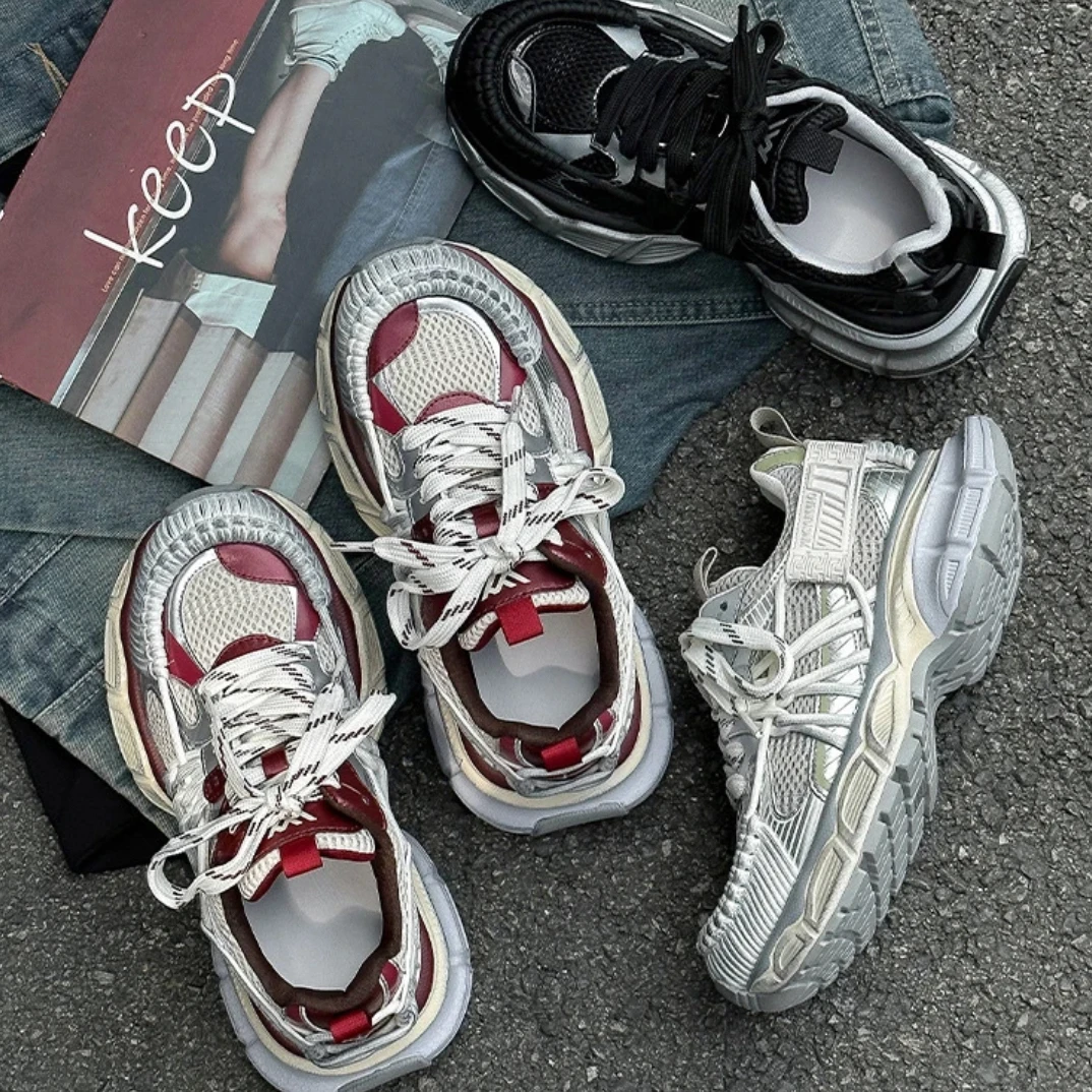 时尚拼色做旧款系带老爹鞋男女同款2024秋季新款休闲运动跑步鞋