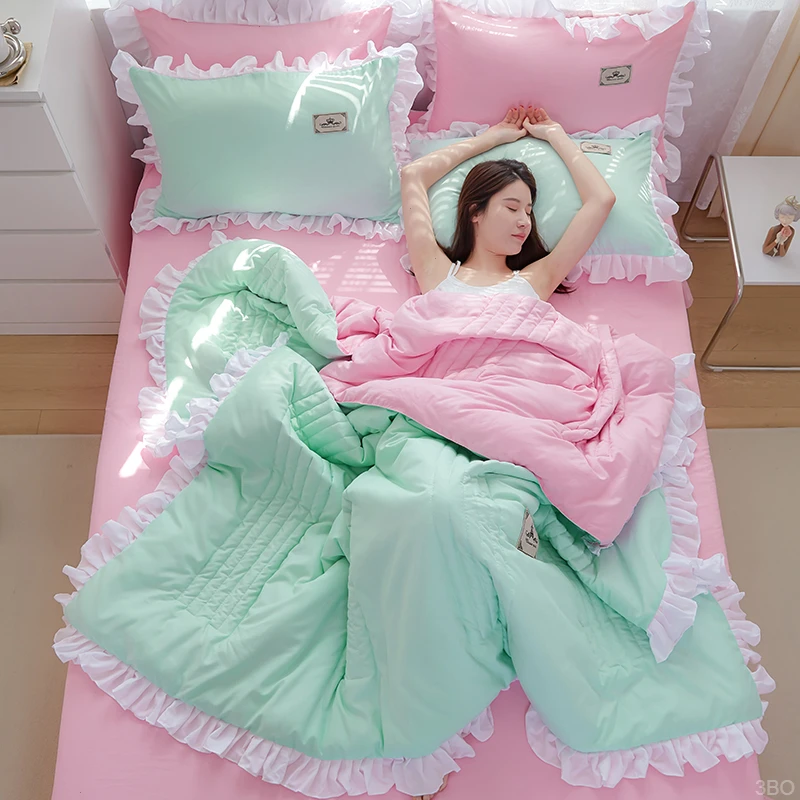 水星家纺适用夏凉被三四件套空调被韩版花边可机洗水洗棉薄被子