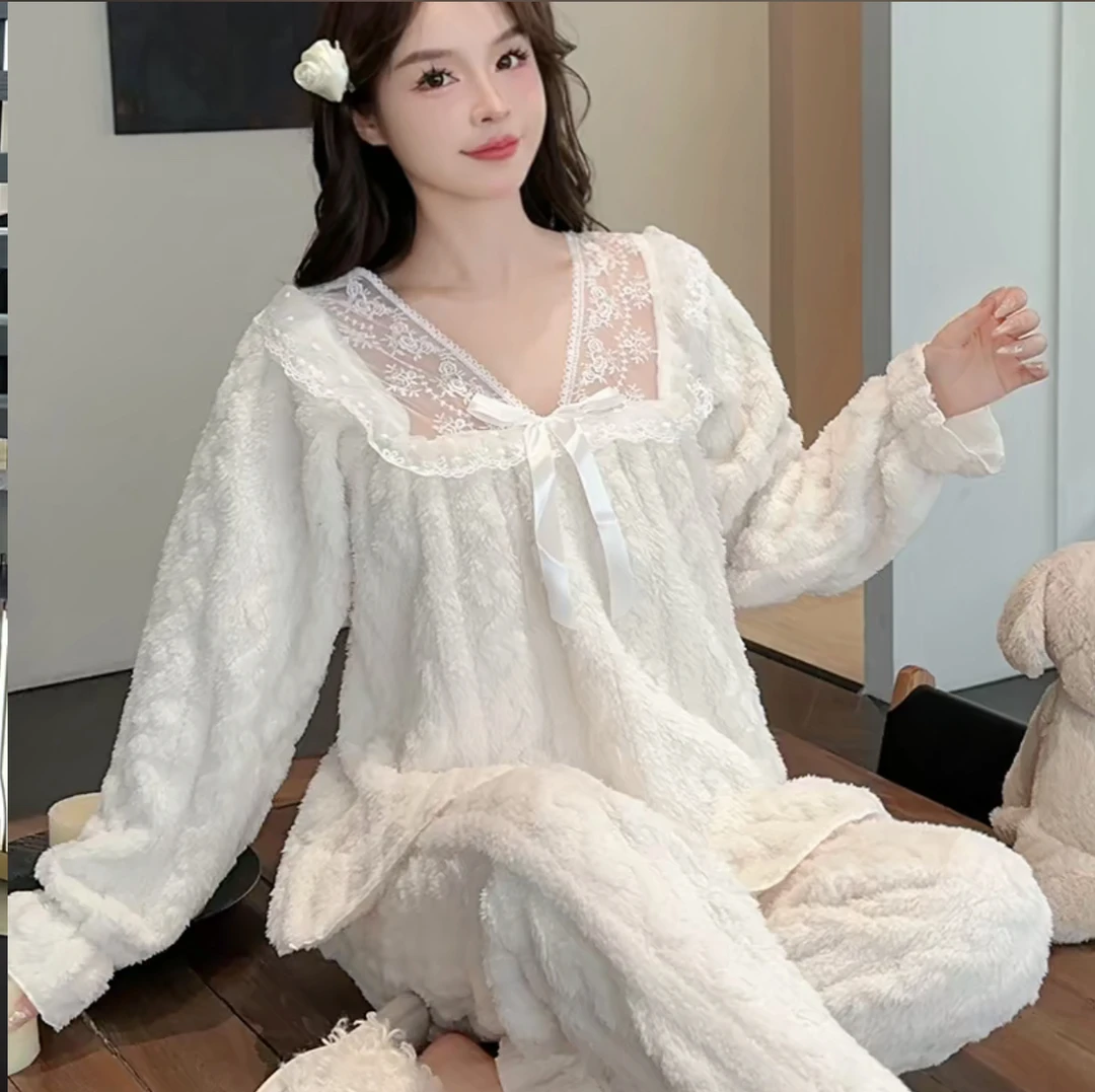 睡衣女秋冬季家居服女士加厚保暖蕾丝花边学生冬天套装可外穿4027