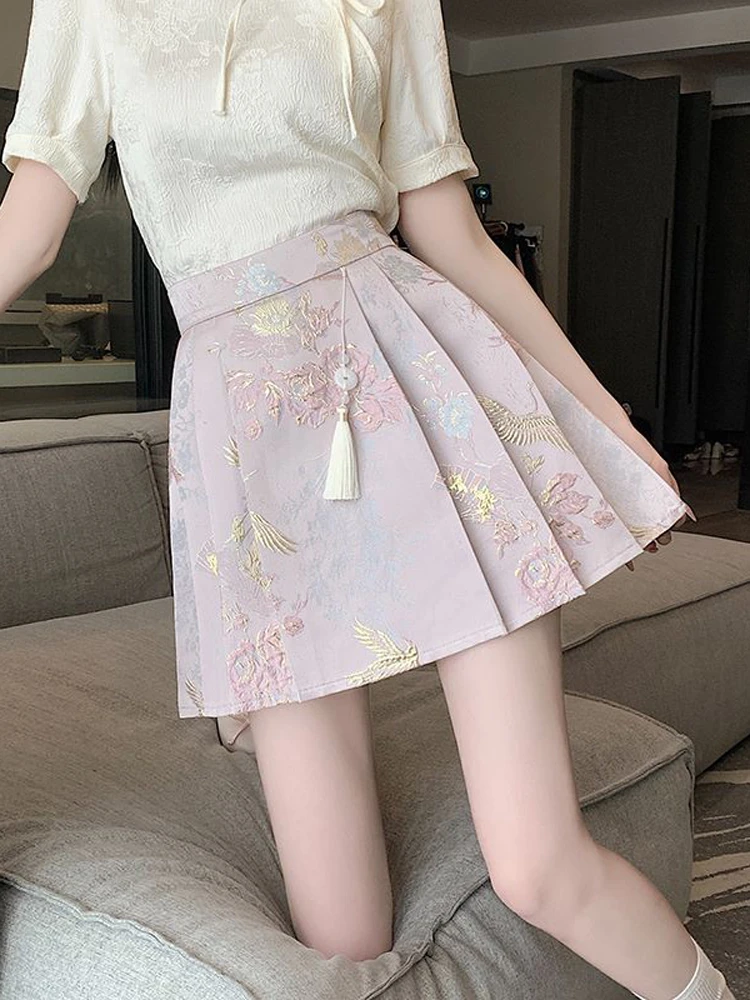 新中式轻国风提花改良马面短裙女夏季新款a字百褶裙显瘦半身裙子