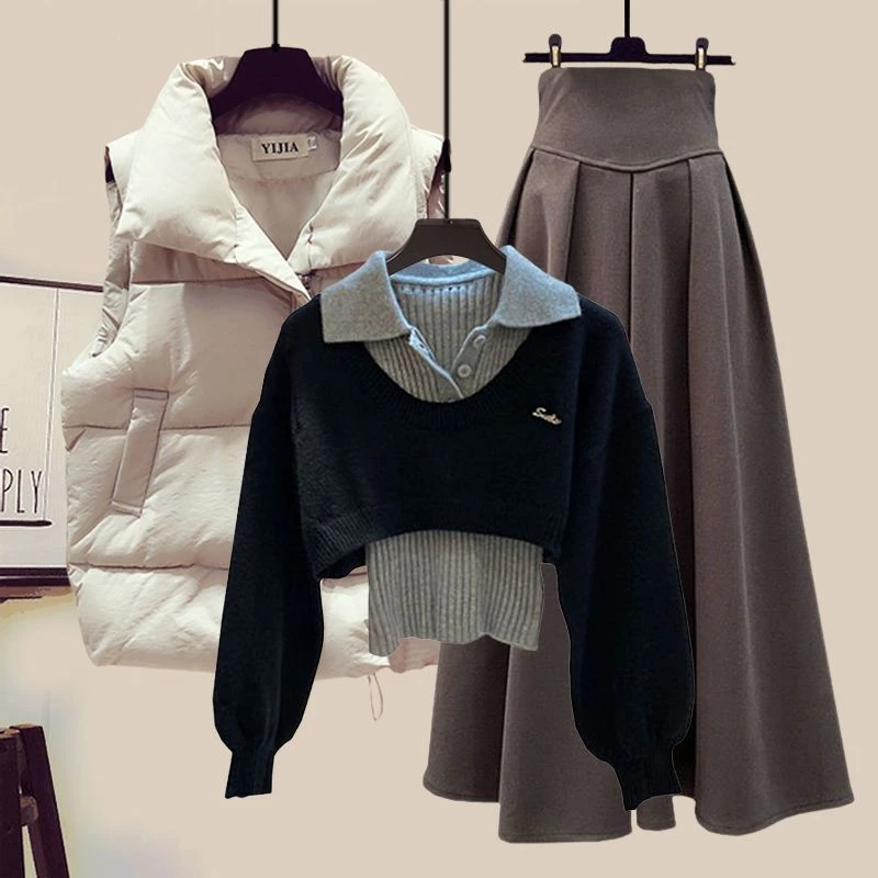 秋季套装2025新款宽松马甲显瘦针织毛衣打底衫女百搭半身裙四件套