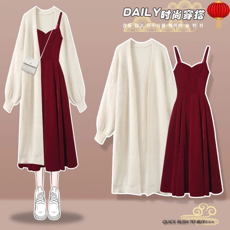 秋冬季套装女2025新款大码毛衣长款外套气质显瘦红色吊带裙两件套