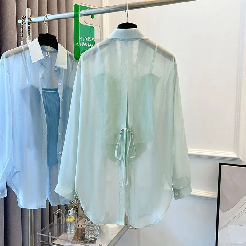 夏季套装女2025新款大码女装防晒上衣吊带背心雪纺长袖衬衫两件套