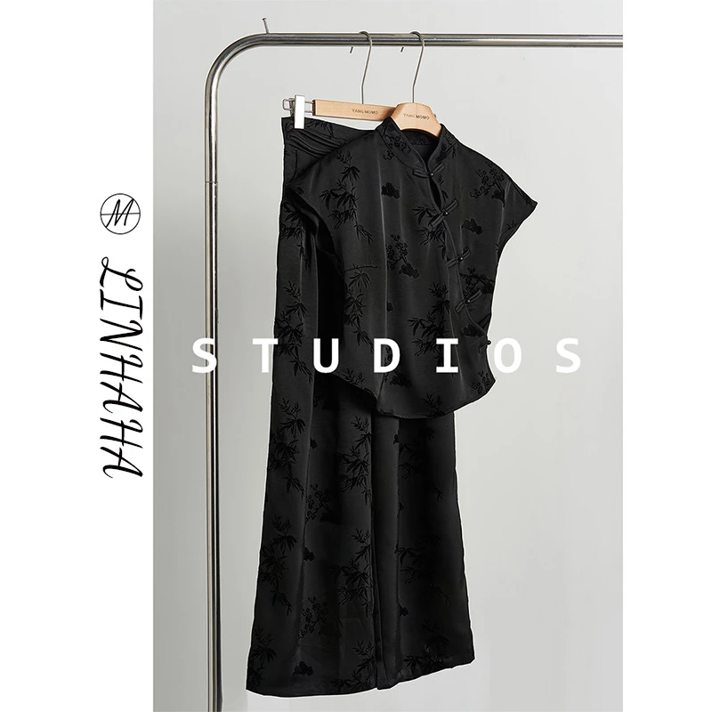 新中式国风斜襟提花旗袍衬衫长裤套装2025新款女装夏季搭配一整套