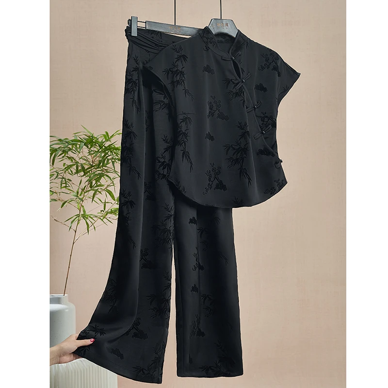 NUMEN BUTTON/灵扣新中式国风提花改良汉服上衣搭配阔腿裤两件套