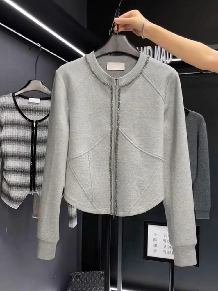 韩系复古圆领双拉链正肩外套2024新款时髦设计感百搭气质开衫上衣