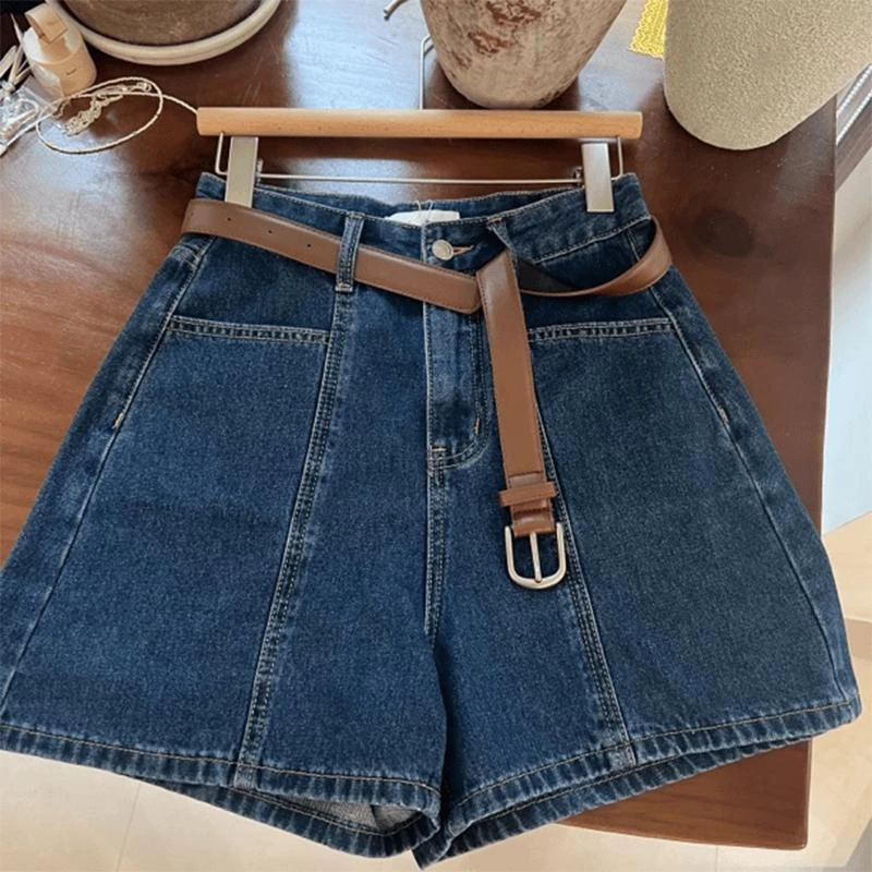 NUMEN BUTTON/灵扣夏季新款胖mm大码高品质深蓝色显瘦牛仔短裤ins