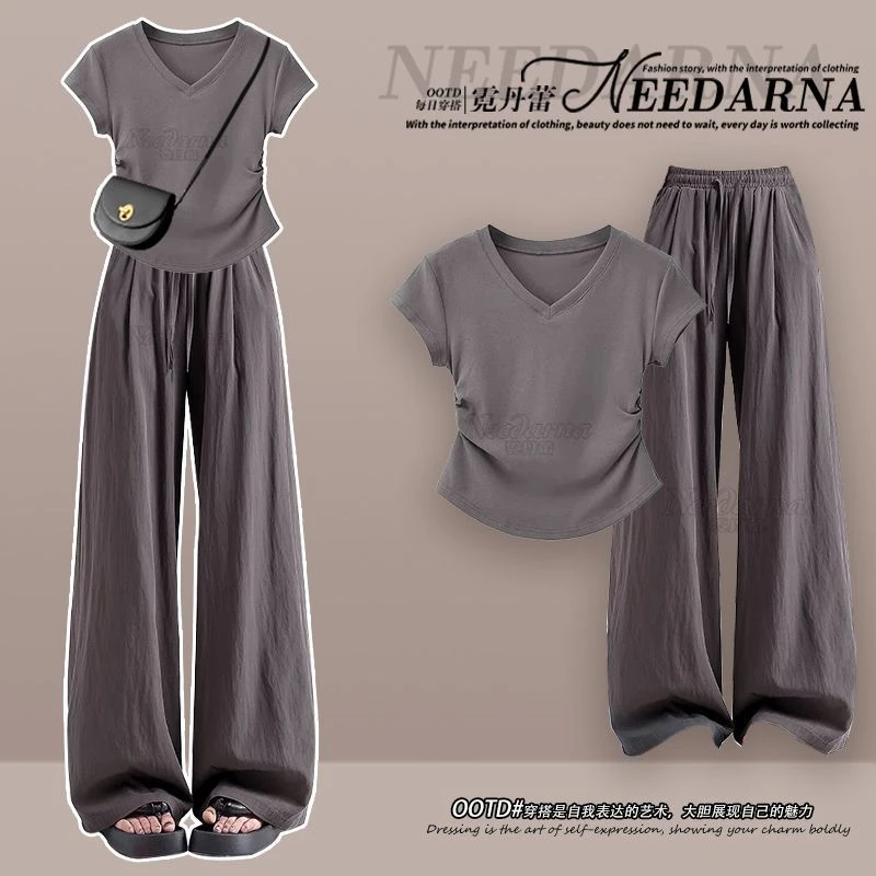 夏季套装女2025新款时尚减龄V领短袖T恤显瘦百搭休闲阔腿裤两件套
